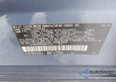 2010 Toyota Rav4 Base V6 z USA, uszkodzony, nr VIN 2T3BK4DVXAW024920